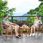 Costway 3PCS Solid Wood Patio Furniture Set Table&Chairs Grey Cushion