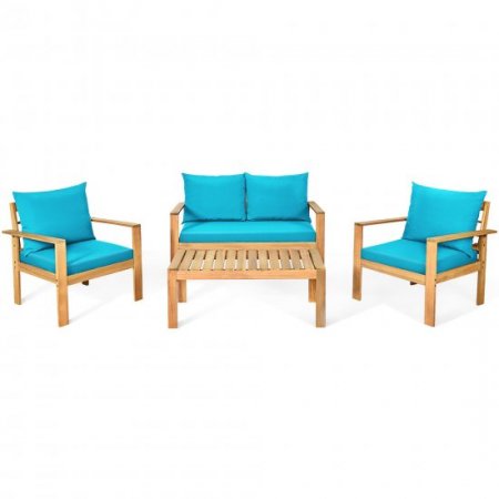 Costway 4PCS Patio Furniture Set Acacia Wood Thick Cushion Loveseat Sofa Turquoise