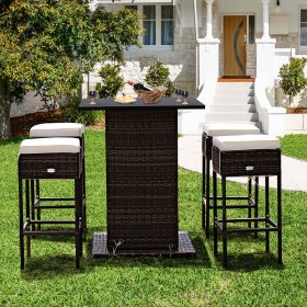 Costway 5PCS Patio Rattan Bar Table Stool Set Hidden Storage Shelf Cushioned