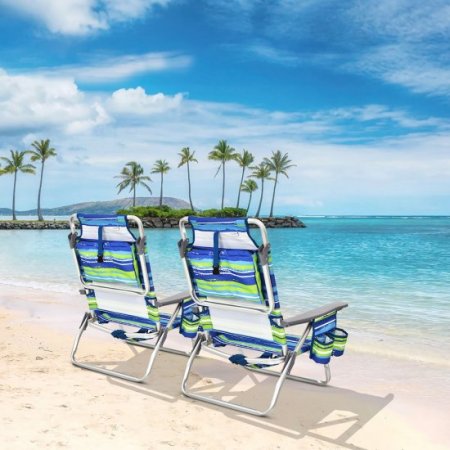 Costway 2-Pack Folding Backpack Beach Chair 5-Position Outdoor Reclining Chairs w/Pillow Blue