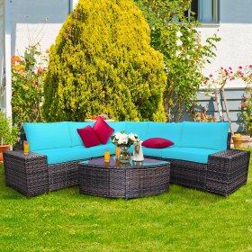 Costway 6PCS Rattan Furniture Set Conversation Cushioned Sofa Armrest Garden Turquoise