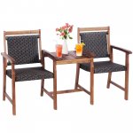 Costway 2-Seat Patio Rattan Bench Acacia Wood Frame Table W/Umbrella Hole Deck