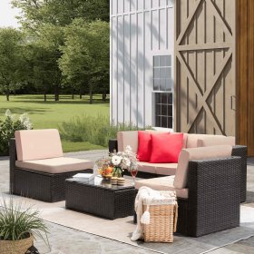 Lacoo 5 Pieces Patio Conversation Sets All-Weather Rattan Outdoor Sectional Sets With Glass Table, Beige