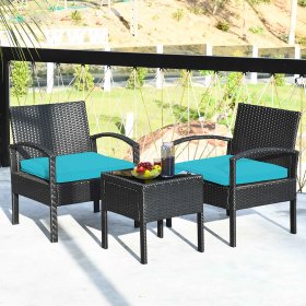 Costway 3PCS Outdoor Patio Rattan Furniture Sofa Set Coffee Table Conversation Sofa Cushioned Turquoise