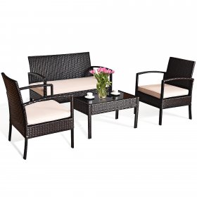 Costway 4PCS Patio Rattan Conversation Set Sectional Cushioned Seat