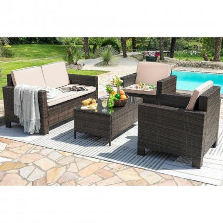 Lacoo 4 Pieces Patio Furniture Sets Rattan Chair Wicker Conversation Sofa Set Outdoor Backyard Porch Garden Poolside Balcony Use Furniture, Beige