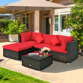 Costway 5PCS Outdoor Patio Rattan Furniture Set Sectional Conversation W/Red Cushions