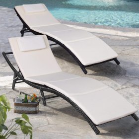 Lacoo 3 Pieces Outdoor Chaise Lounge Chair Patio Furniture Adjustable Folding Lawn Poolside Chaise Lounge Chair PE Rattan Patio Seating with Folding Table, Beige