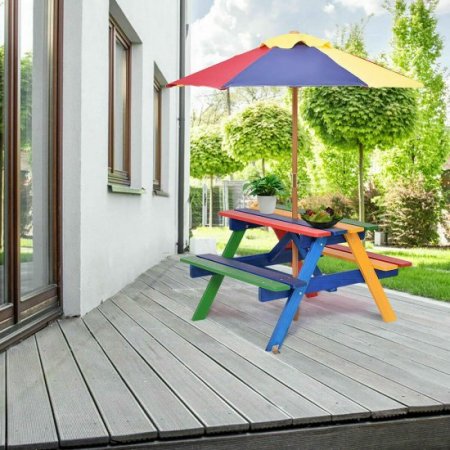 Costway 4 Seat Kids Picnic Table w/Umbrella Garden Yard Folding Children Bench Outdoor