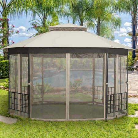 Costway 10'x12' Patio Gazebo Canopy Shelter Double Top Netting Sidewalls Beige