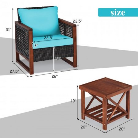 Costway 3PCS Patio Wicker Furniture Set Solid Wood Frame Cushion Sofa w/ Square Table Shelf Turquoise