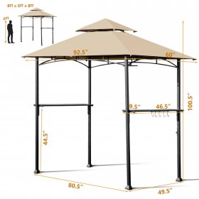 Costway 8' x 5' Outdoor Patio Barbecue Grill Gazebo w/ LED Lights 2-Tier Canopy Top Tan