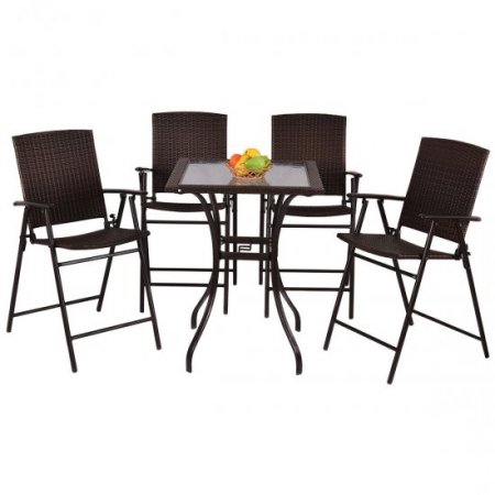 Costway 5PC Rattan Patio Furniture Set 4 Bar Stool Folding Chair and Bar Table W/Glass Top