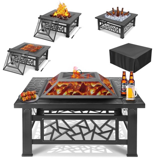 32\" Fire Pits for Outside, Updated Segmart Outdoor Firepit with Fireplace Screen, Lid Square Wood Burning Fireplace Heater/Ice Pit for Camping, Outdoor Heating, Bonfire and Picnic, Black