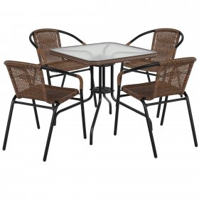 Flash Furniture Powder-coated Aluminum/ Rattan Lightweight 5-piece Outdoor Dining Set Clear Top/Dark Brown Rattan Rattan, Plastic