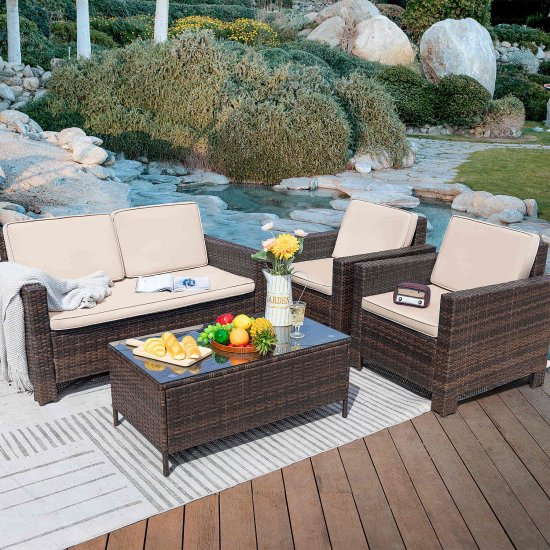 Lacoo 4 Pieces Patio Furniture Sets Rattan Chair Wicker Conversation Sofa Set Outdoor Backyard Porch Garden Poolside Balcony Use Furniture, Beige