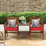 Costway Patio Loveseat Conversation Set Acacia Wood Chair Coffee Table Cushioned Red