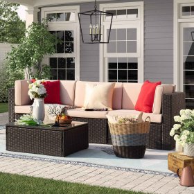 Devoko 4 Pieces Patio Furniture Sets All Weather Outdoor Sectional Sofa with Cushion and Glass Table, Beige