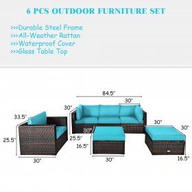 Costway 6PCS Patio Rattan Furniture Set Cushion Sofa Coffee Table Turquoise