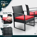 Lacoo 3 Pieces Patio Indoor Conversation Set Cushioned PE Rattan Bistro Chairs Set of 2 with Coffee Table, Black/Red
