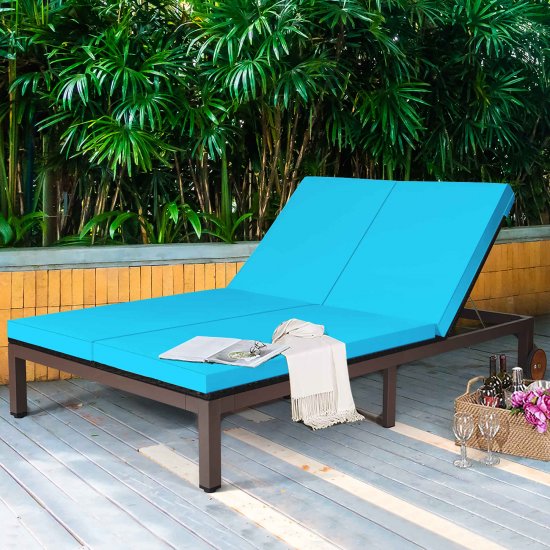 Costway 2-Person Patio Rattan Lounge Chair Chaise Recliner Adjustable Cushion Turquoise