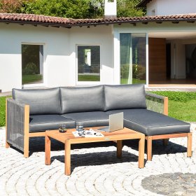 Costway 3PCS Patio Sofa Furniture Set Thick Cushion Acacia Wood