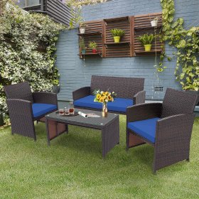 Costway 4PCS Patio Rattan Furniture Set Cushioned Chair Sofa Coffee Table Navy