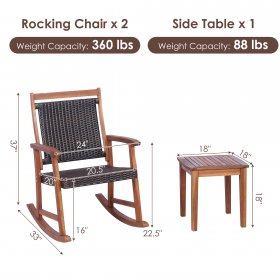 Costway 3PCS Patio Rattan Rocking Chair Bistro Set Acacia Wood Frame Armrest