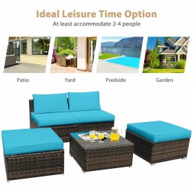 Costway 5PCS Patio Rattan Wicker Furniture Set Armless Sofa Ottoman Cushioned Turquoise