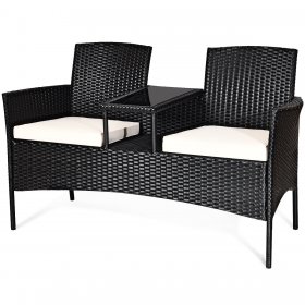 Costway Patio Rattan Conversation Set Seat Sofa Cushioned Loveseat Glass Table Chairs