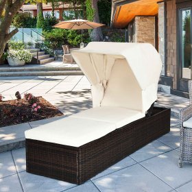 Costway Patio Rattan Lounge Chair Chaise Cushioned Top Canopy Adjustable White