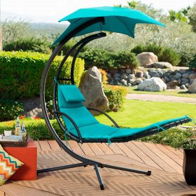 Lacoo Outdoor Hanging Curved Chaise Lounge Chair Patio Swinging Hammock w/Pillow, Canopy & Stand for Backyard, Blue