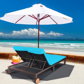 Costway 2-Person Patio Rattan Lounge Chair Chaise Recliner Adjustable Cushion Turquoise