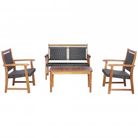 Costway 4 PCS Patio Rattan Furniture Set Acacia Wood Frame Sofa Loveseat Garden