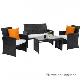 Goplus 4PCS Patio Rattan Furniture Conversation Set Cushioned Sofa Table Garden Black