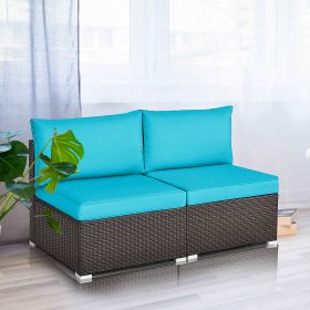 2PCS Patio Rattan Armless Sofa Sectional Conversation Furniture Set W/Cushion Turquoise