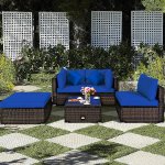 Costway 5PCS Outdoor Patio Rattan Furniture Set Sectional Conversation W/Navy Cushions