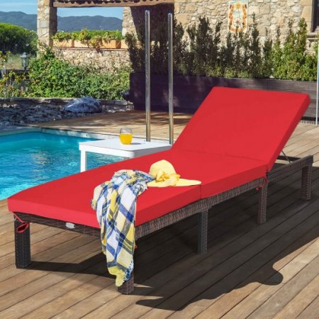 Costway 2PCS Outdoor Rattan Lounge Chair Chaise Recliner Adjustable Cushioned Patio Red