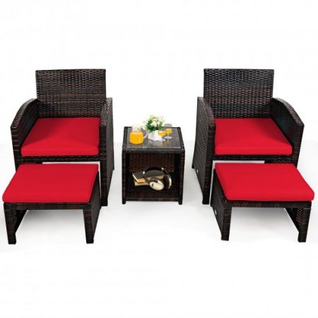 Costway 5PCS Patio Rattan Wicker Furniture Set Sofa Ottoman W/ Cushions Red