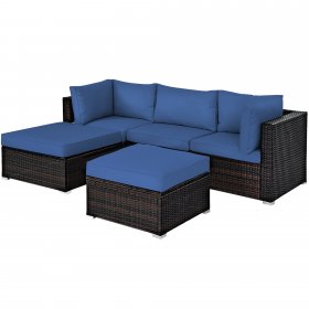 Costway 5PCS Patio Rattan Furniture Set Sectional Conversation Set Ottoman Table Navy