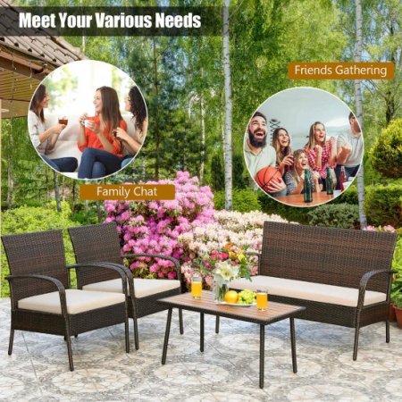 Costway 4PCS Patio Rattan Furniture Set Outdoor Conversation Set Coffee Table W/Cushions.