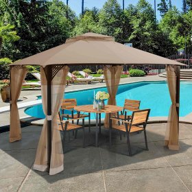 Costway 12' x 10' Outdoor Patio Gazebo Canopy Shelter Double Top Sidewalls Netting Brown