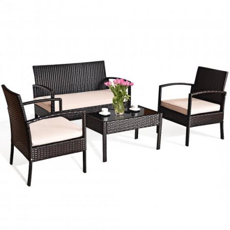 Costway 4PCS Patio Rattan Conversation Set Sectional Cushioned Seat