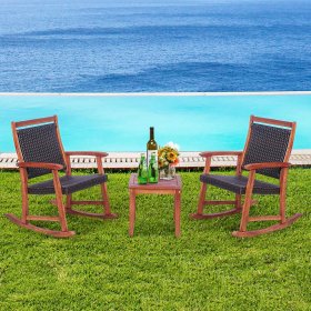 Costway 3PCS Patio Rattan Rocking Chair Bistro Set Acacia Wood Frame Armrest