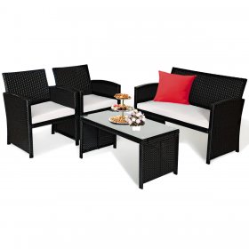 Costway 4PCS Patio Rattan Furniture Set Table &Sofa W/Cushion Garden Black