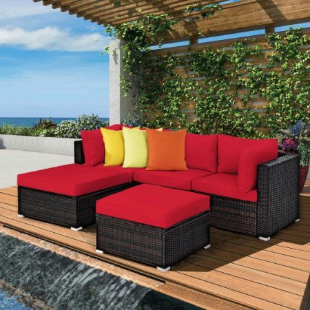 Costway 5PCS Patio Rattan Furniture Set Sectional Conversation Set Ottoman Table Red