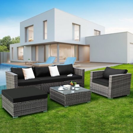 Costway 6PC Furniture Set Patio Sofa PE Gray Rattan Couch 2 Set Cushion Covers