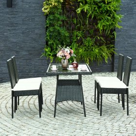 Costway 5PCS Patio Rattan Dining Set Cushioned Chair Table w/Glass Top Garden Furniture