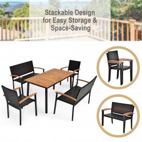 Costway 5PC Patio Rattan Dining Set Acacia Wood Table Top Stackable Chair Bench