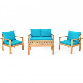 Costway 4PCS Patio Furniture Set Acacia Wood Thick Cushion Loveseat Sofa Turquoise